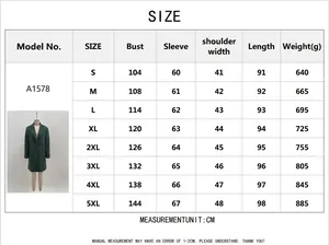 Size chart for women's vintage plaid mid-length woolen coat with detailed measurements