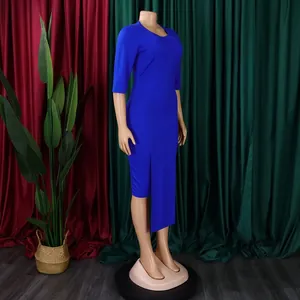 Elegant blue bodycon dress featuring 3/4 sleeves and a stylish asymmetrical slit hem.