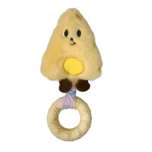 Squeaky plush dog toy with TPR teething ring and cheese-shaped character design.