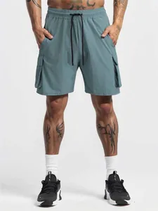 Men's quick-dry sports cargo shorts in teal blue with drawstring and multi pockets