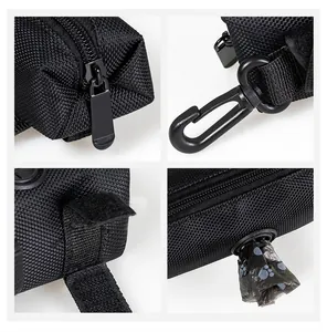 Close-up detail views of dog poop bag dispenser with zipper, clip and Velcro strap