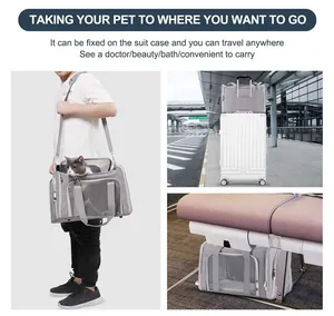 Functional grey breathable pet carrier bag shown in travel and airport scenarios