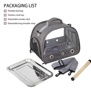 Packaging list view of a portable bird carrier bag with tray and wooden stick.