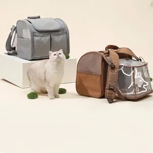 Zaino trasportino estensibile per gatti e cani piccoli in grigio e marrone con rete traspirante