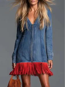 Women V-Neck Front Zipper Denim Look Long Sleeve Mini Dress With Red Fringe Tassels Slim Fit Fashion Casual Bodycon Skirt