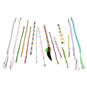 Variety of plush cat wand toy replacement heads with colorful tassels and small bells