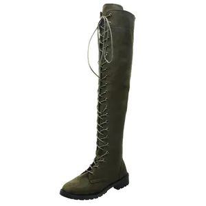 Bottes cuissardes à lacets vert foncé avec bout rond et finition en daim doux