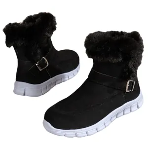 Warme schwarze Damen Schneestiefel mit Pelzbesatz und Schnalle, flache weiße Sohle