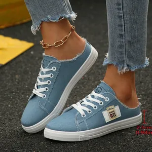 Gedetailleerde close-up van lichtblauwe denim canvas muiltjes met witte platformzool