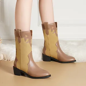 Elegantes botas de vaquero occidentales vintage con tacón grueso para mujer diseño