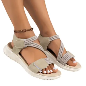 Comfortable khaki wedge sandals for women with elastic cross straps and velcro closure