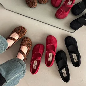 Mary Jane Leopardate da Donna Vintage Francese Punta Quadrata Tacco a Blocchetto Scarpe Basse Retro con Fibbia