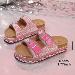 Close-up detail of pink rhinestone platform cork sandals showing 4.5cm heel height