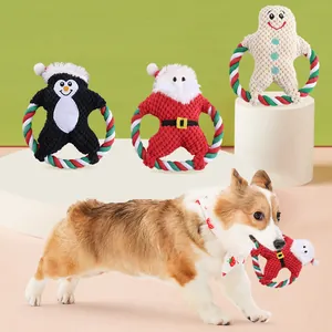 Christmas Plush Dog Squeaky Toy Interactive Cotton Rope Molar Toy Santa Penguin Gingerbread Man For Small Medium Dogs Gift
