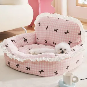 Prinzessinnen-Stil rosa kariertes Haustierbett Sofa für kleine Hunde und Katzen, weich