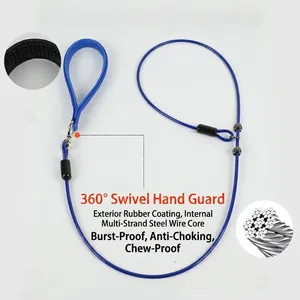 Blue heavy-duty dog leash with 360-degree swivel handle and steel wire core