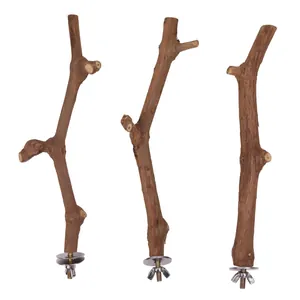 Three natural wood bird perches with metal screw attachments for cages