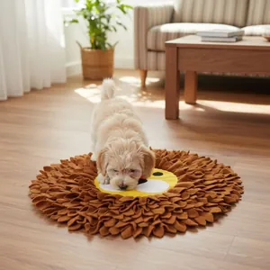 Dog snuffling at a lion-shaped enrichment mat for pets in a cozy living room