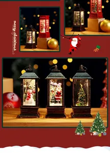 Detail view of decorative Christmas lanterns featuring Santa, snowmen, and trees with warm glow.