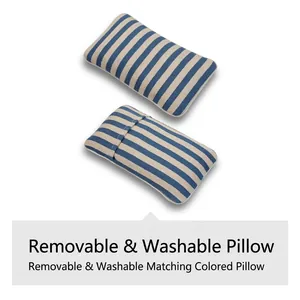 Macro view of blue and white striped pet pillows featuring removable and washable canvas covers