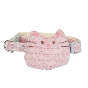 Soft pink cat head shaped pet collar bowtie accessory with adjustable nylon strap