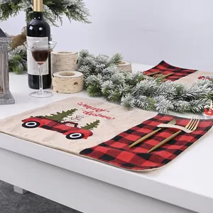 Festive Christmas placemat featuring red and black buffalo plaid truck embroidery design