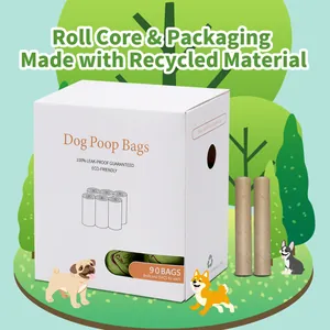 Detail view of eco-friendly dog poop bags packaging with recycled cardboard roll cores