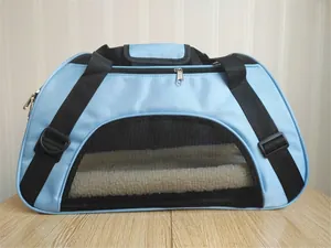Portable light blue pet carrier bag with large breathable black mesh side panel
