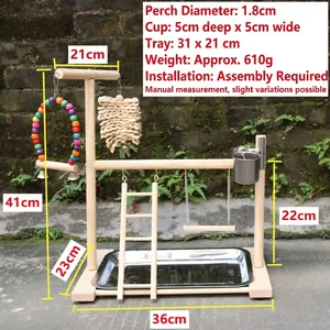 Detailed dimensions of wooden bird playground stand with ladder, swing, and feeding cups.