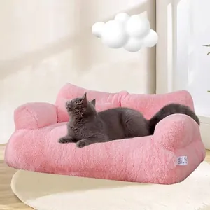 Luxuriöses warmes rosa Plüsch-Haustiersofabett für Katzen und Hunde mit Rückenlehne