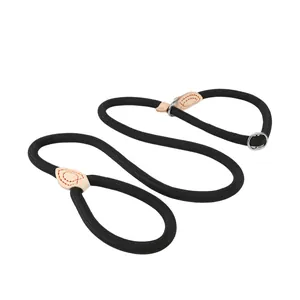 Detailed view of the thickened black nylon P-chain dog leash with tan leather accents.