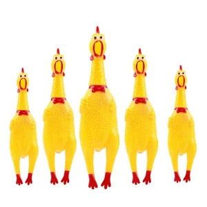 Set of five yellow screaming chicken squeaky dog toys in different sizes for pets