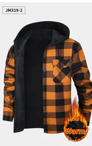 Men's orange and black plaid hooded shirt with warm black fleece lining detail.