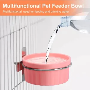 Action shot of water being poured into the pink parrot feeder bird cage bowl