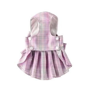 Detailed view of a purple plaid pet JK skirt featuring breathable mesh lining and pleats