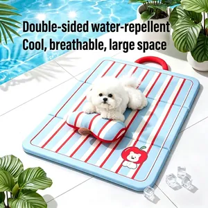 Waterproof cooling dog mat with blue stripes and pillow for summer use