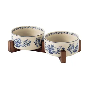 Vintage blue and white floral ceramic pet bowl set with acacia wood stand for cats and dogs