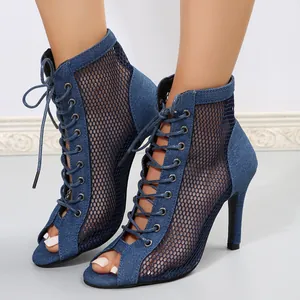 Chic sandales à talons hauts en denim bleu avec mesh et lacets bout ouvert femme