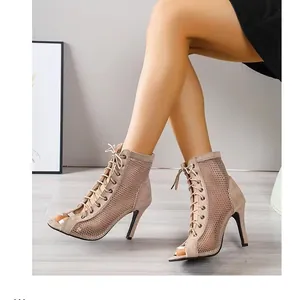 Élégantes bottines beiges en résille avec lacets et bout ouvert à talons hauts pour femme