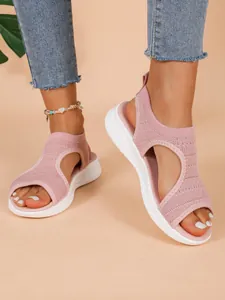 Rosafarbene Fly-Knit Plateau Sport-Sandalen für Damen mit komfortablem Open-Toe-Design