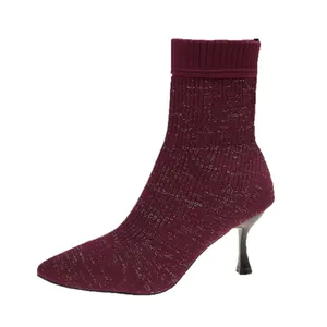 Elegant burgundy knit glitter sock boots with pointed toe and stiletto high heel