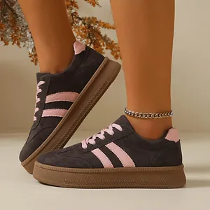 Retro grey and pink suede platform sneakers for women with a classic T-toe design