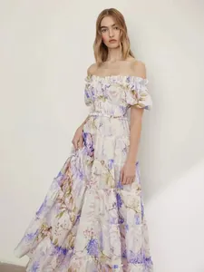 Elegant off-the-shoulder floral organza long dress featuring ruffled neckline detail