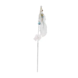 Elegant long wand cat teaser toy featuring white turkey feathers, beads, and small bells