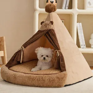 Lit tente pour animaux en peluche beige avec niche d'intérieur chaude pour chats