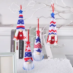 Set of four patriotic Independence Day gnome ornaments featuring stars and stripes knitted hats