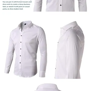 Detailed views of a white long-sleeve business dress shirt for men in a slim fit style