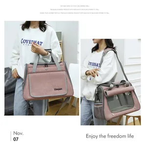Large capacity pink portable cat carrier bag with breathable mesh and shoulder strap