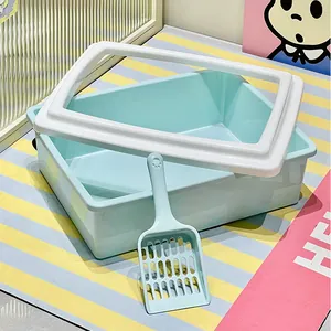 Large semi-enclosed mint green rectangular cat litter box with matching sifting scoop.
