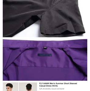 Detail views of FLY HAWK men's short sleeved stretch casual dress shirts in purple and black